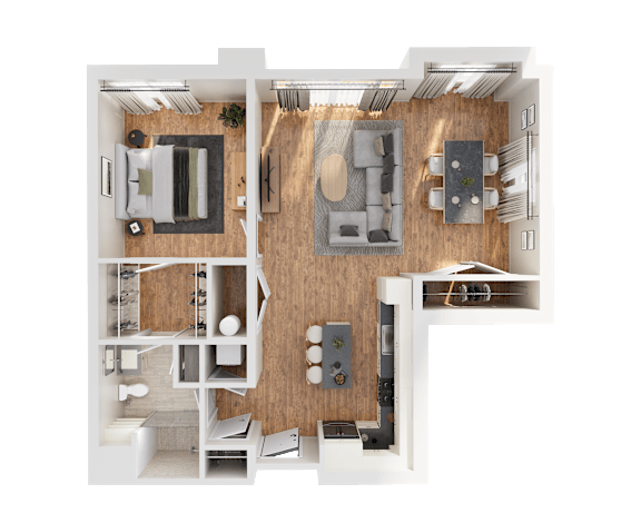 A top-down view of a two-story apartment with a living room, kitchen, and bedrooms.