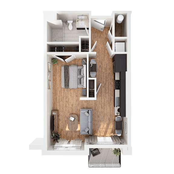 Floor Plan  A top-down view of a house layout with a kitchen, living room, and bathroom.