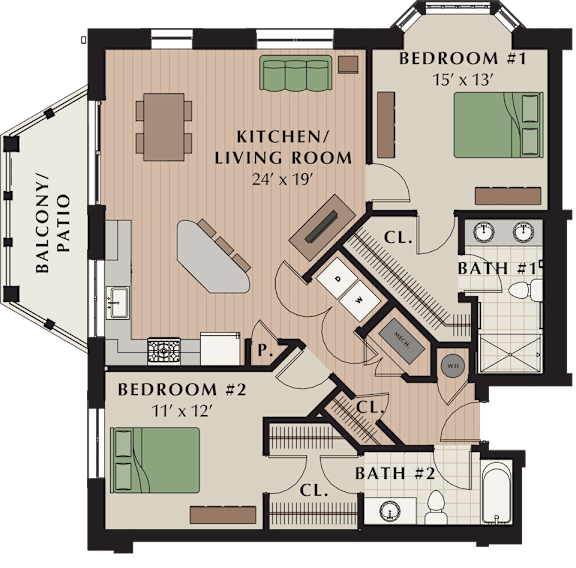 a floor plan of a bedroom apartment with a bathroom and a living room
