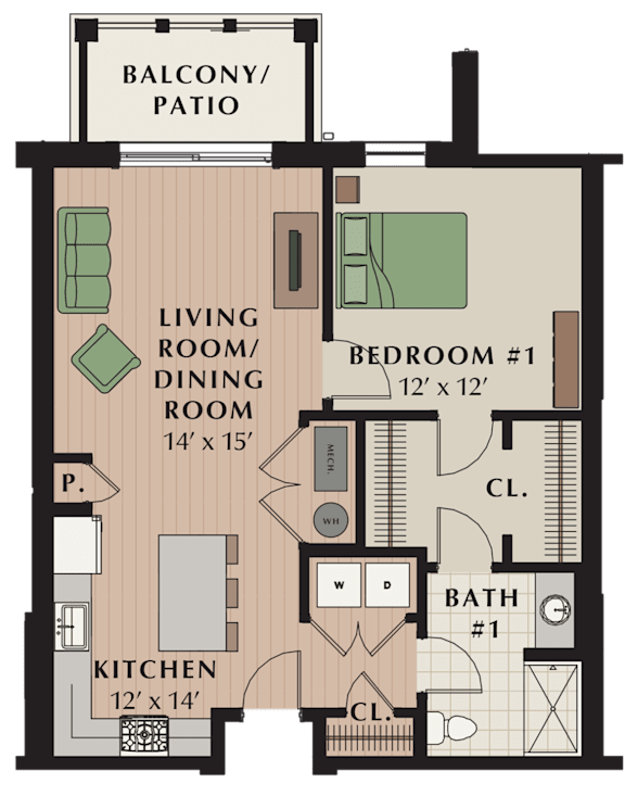 a floor plan of a bedroom apartment with a living room and dining room