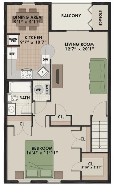 Cozy Belleayre floor plan at New Kent Apartments in West Chester, PA, offering one bedroom, one bathroom, and a comfortable living space perfect for modern living