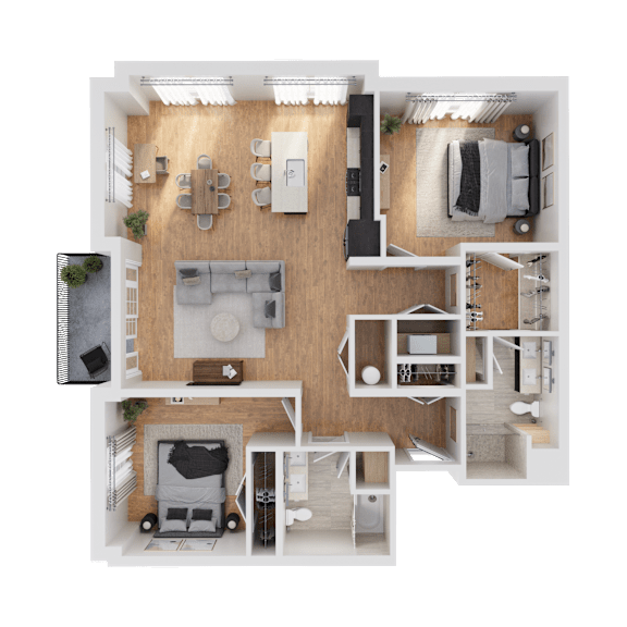 A top-down view of a house layout with a kitchen, living room, and bedrooms.