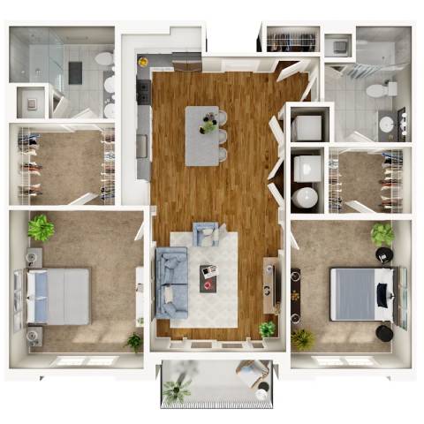 A collage of different room layouts with a kitchen, living room, and bathroom.