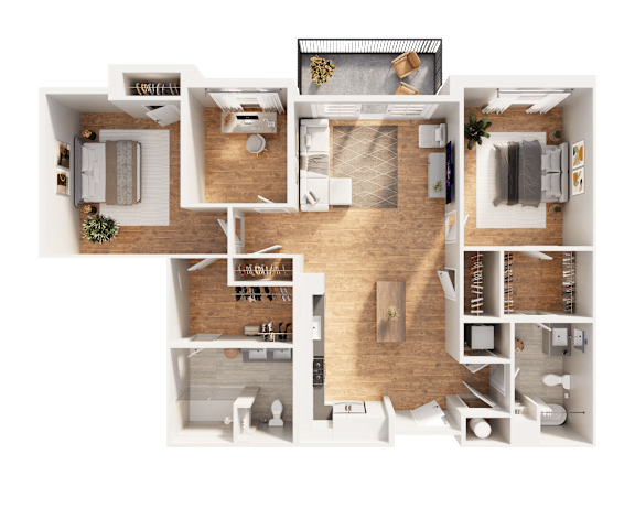 A top-down view of a two-story apartment layout with a living room, kitchen, dining area, and bedrooms.