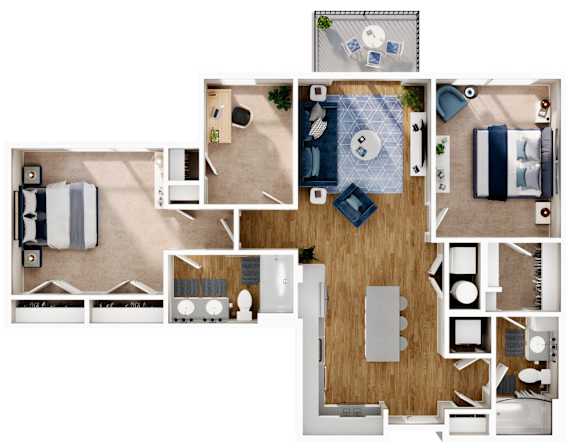 A floor plan of a house with a kitchen, living room, dining room, and two bedrooms.