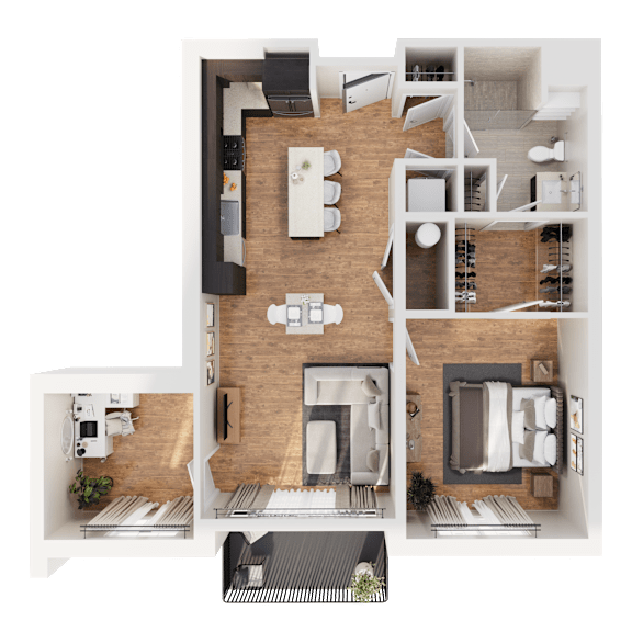 A top-down view of a modern apartment layout.