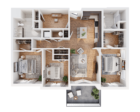 A top-down view of a house layout with multiple rooms and furniture.