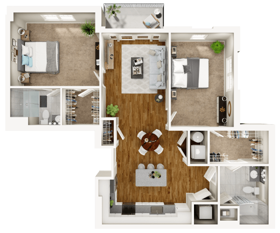 A floor plan of a house with a kitchen, living room, dining room, and bedrooms.