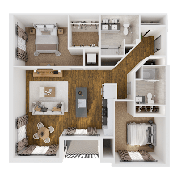 A detailed 3D floor plan of a modern apartment.