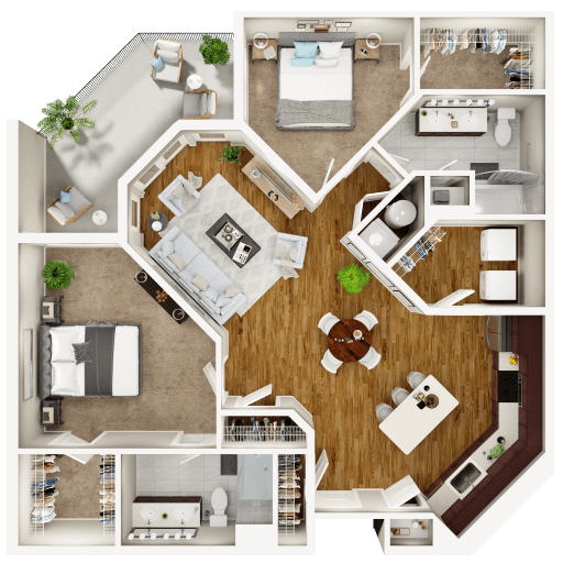 A detailed 3D floor plan of a house layout.