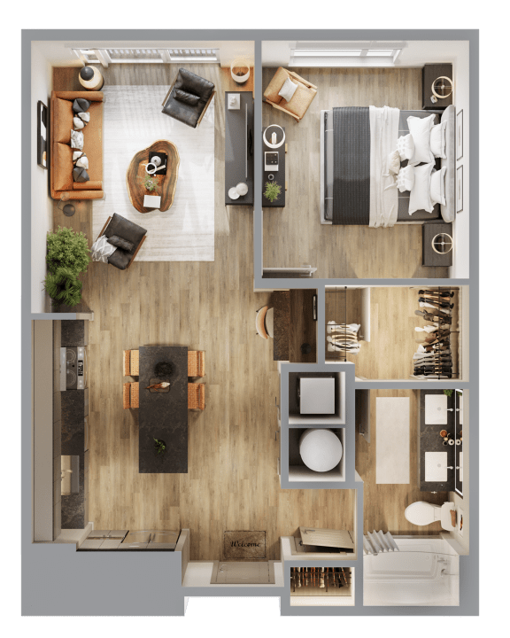 Floor Plan  a 3d rendering of a floor plan with a bedroom and a living room at Bemiston Place Apartments, Missouri, 63105