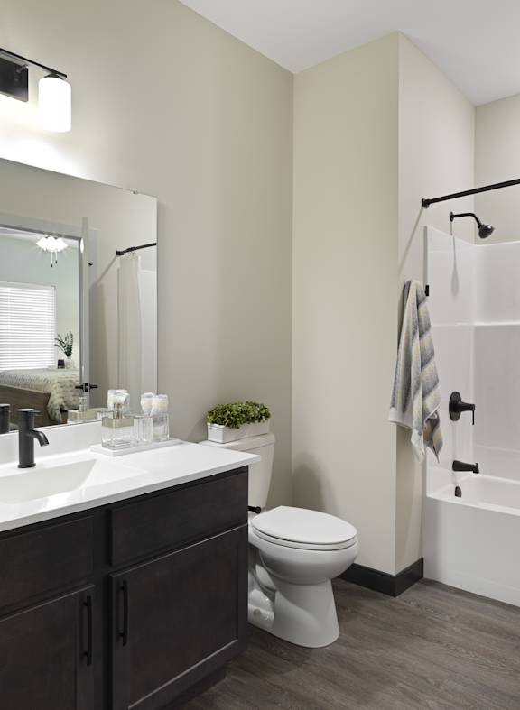 A white toilet sits in a bathroom next to a sink and a bathtub.