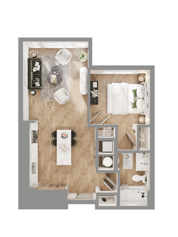 Floor Plan  a floor plan of a bedroom with a bathroom and a living room at Bemiston Place Apartments, Clayton