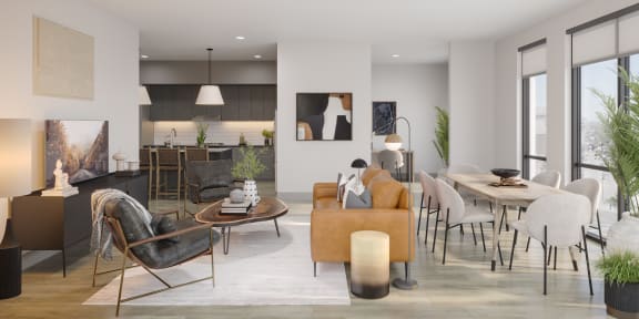 a living room and dining room with a table and chairs at Bemiston Place Apartments, Clayton Missouri