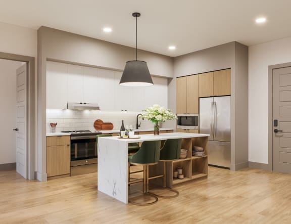 a kitchen with a white island with three stools at Bemiston Place Apartments, Clayton, 63105