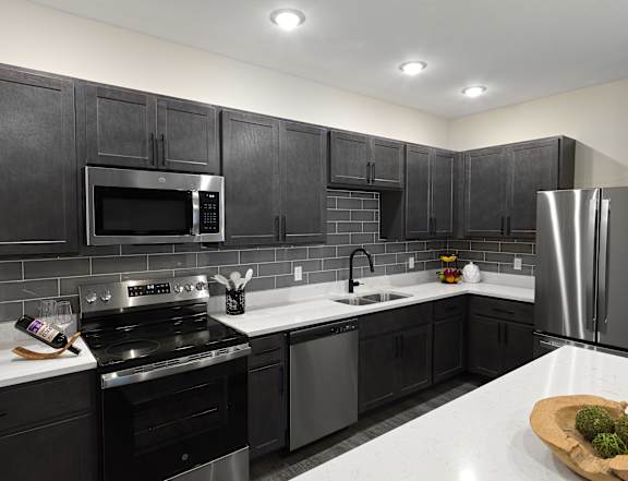 A modern kitchen with black cabinets and stainless steel appliances.