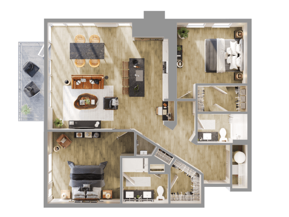 a 3d rendering of a floor plan of a house at Bemiston Place Apartments, Clayton, 63105