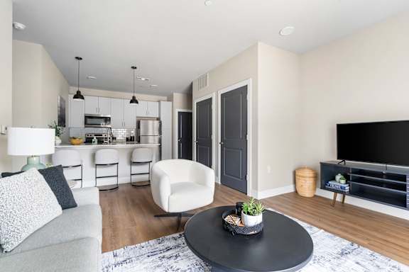 A modern living room with a grey sofa, a black coffee table, and a television.