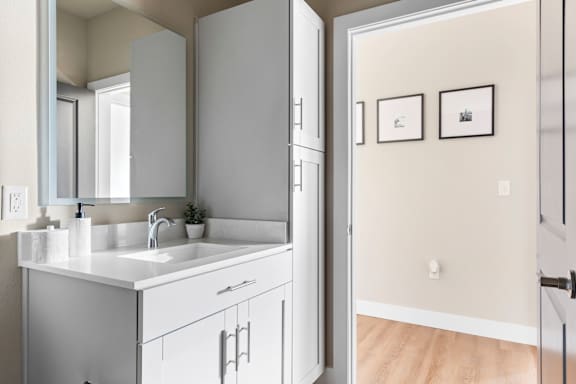 A bathroom with a white sink and a mirror.
