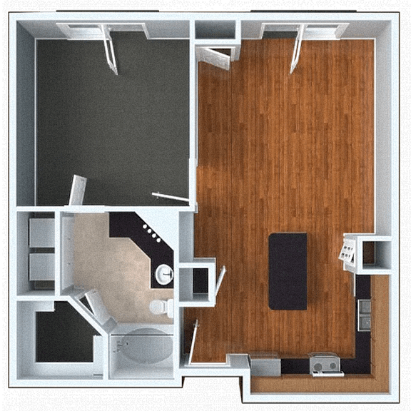 A dollhouse living room with a grey floor and a wooden floor.