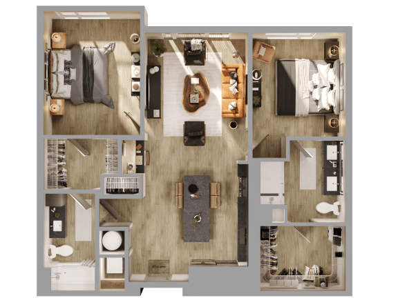 a 3d rendering of a floor plan of a house at Bemiston Place Apartments, Clayton Missouri