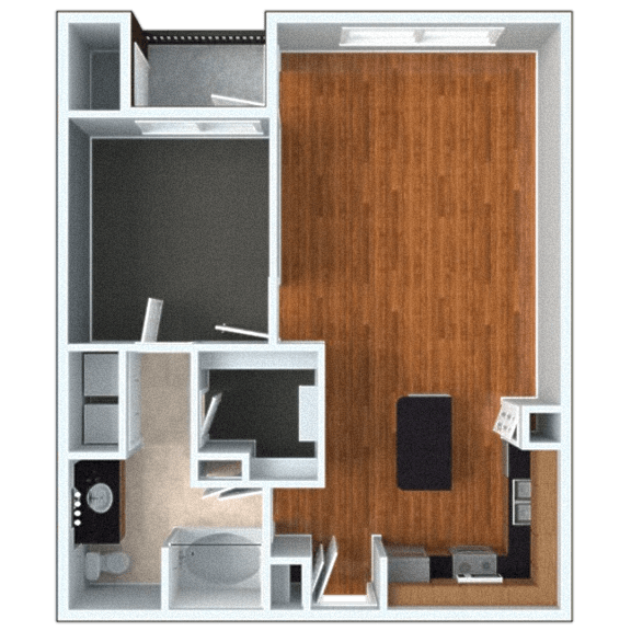 A 3D rendered image of a modern apartment layout.