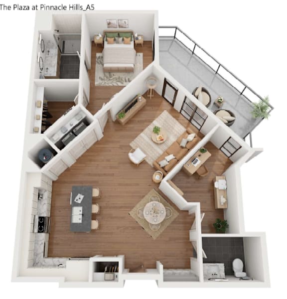 A top-down view of a modern apartment layout.