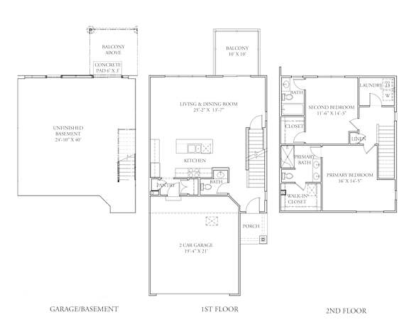 A drawing of a two-story house plan with labeled rooms.