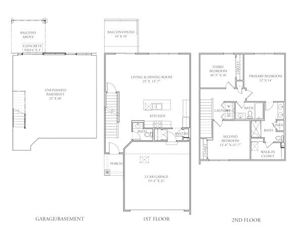A drawing of a two-story house with a garage and basement.