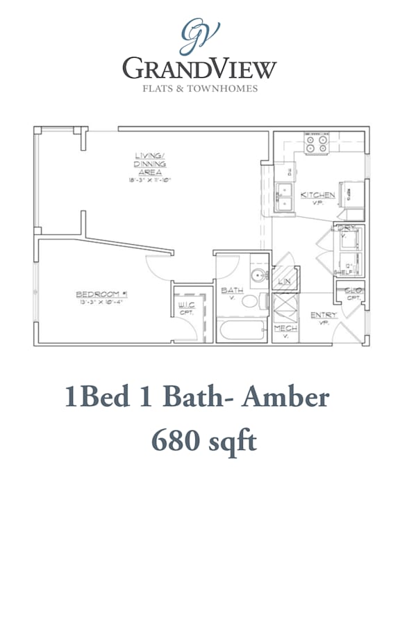 1 bed 1 bath floor plan at GrandView Flats and Townhomes, Indiana