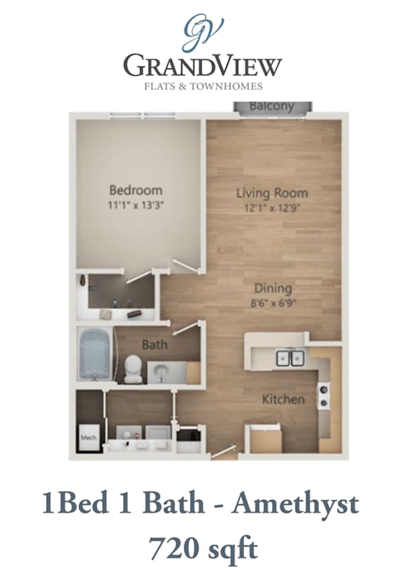 One bedroom one bath floor plan layout at GrandView Flats and Townhomes Apartments, Granger, IN