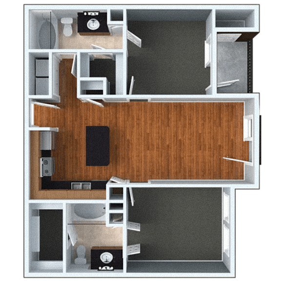 Two bedroom floor plan with open layout at The Landing Apartments, St. Louis, MO