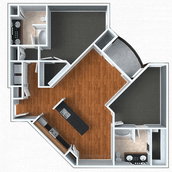 A 3D floor plan of a house with a kitchen, living room, and bathroom.