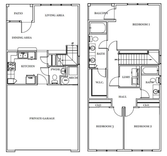 Two story townhome floor plan with garage at GrandView Flats and Townhomes Apartments, Indiana, 46530