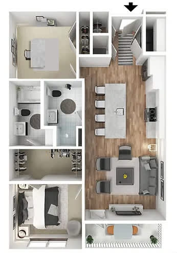 A series of images showing different layouts of a small apartment.