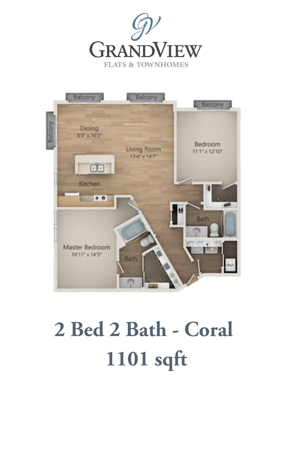 Two bedroom two bathroom floor plan layout at GrandView Flats and Townhomes Apartments, Granger, Indiana