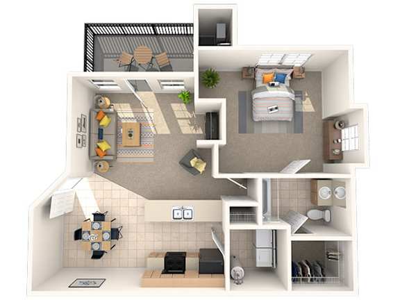 A 3D floor plan of a house with a kitchen, living room, and bedrooms.