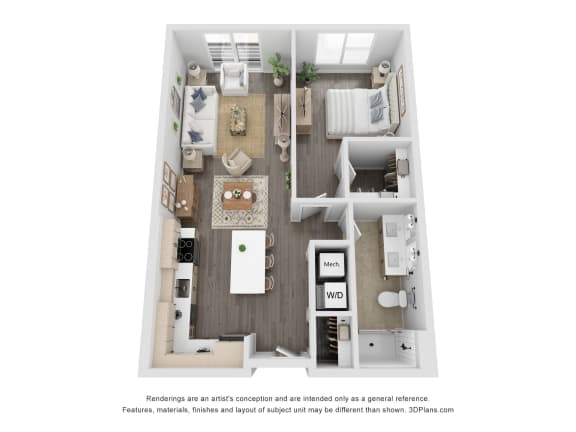 Floor Plan  a 3d floor plan of a 1 bedroom apartmentat The Flats &amp; Terraces at Wildhorse Village, Missouri, 63005