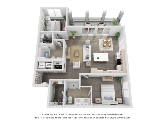 Floor Plan  a 3d floor plan of a 1 bedroom apartment at The Flats &amp; Terraces at Wildhorse Village, Chesterfield, MO 63005