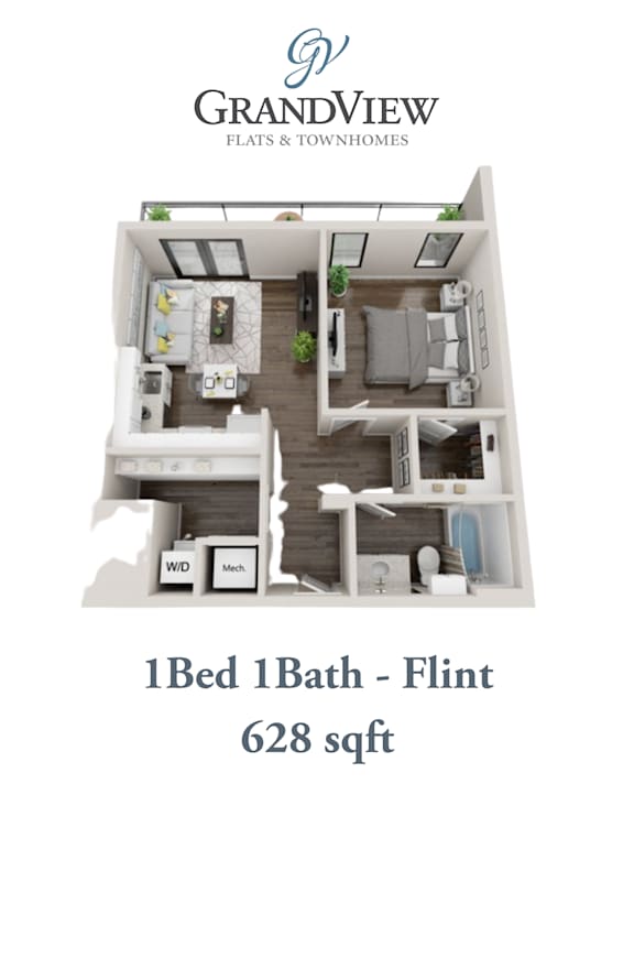 3D floor plan rendering one bedroom one bathroom at GrandView Flats and Townhomes Apartments, Granger, IN 46530