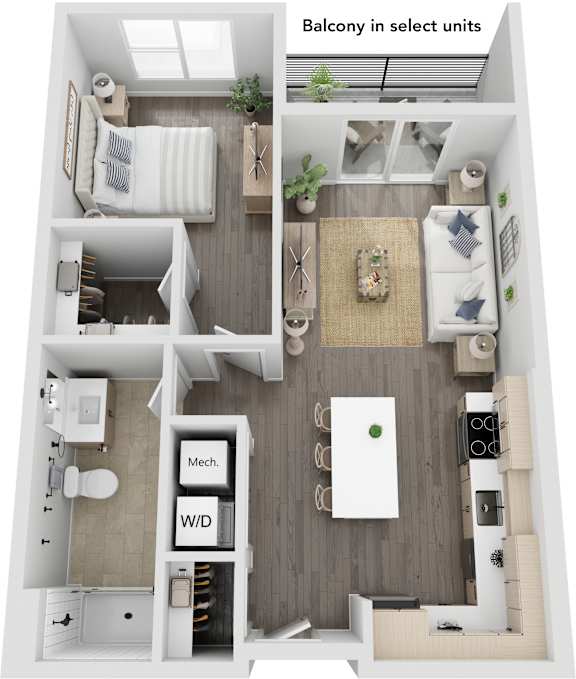Floor Plan  A floor plan of a balcony in select units.