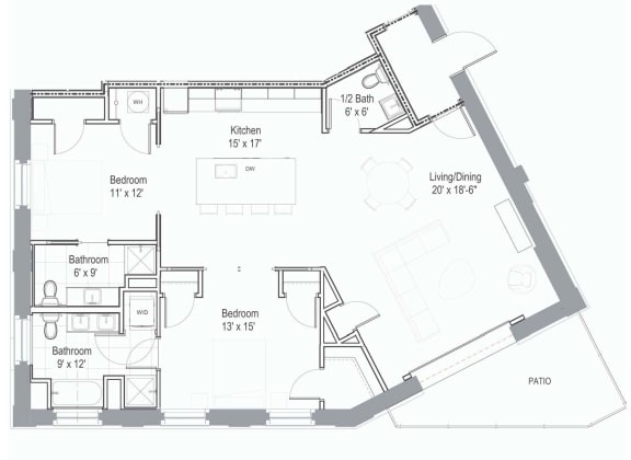 Garage Bay 2 1249sf Floor Plan at The Georgian Apartments, Missouri, 63104
