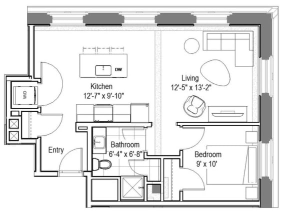 Studio floor plan with separate bedroom alcove at The Georgian Apartments, St Louis