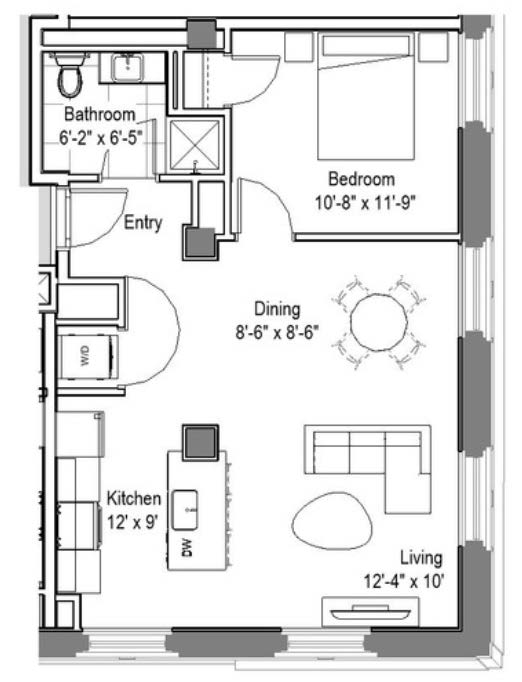 One bedroom floor plan with dining area at The Georgian Apartments, Missouri