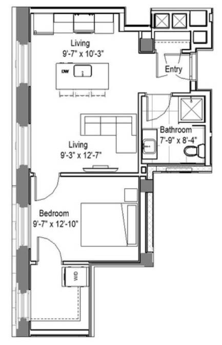 Studio floor plan with living and dining areas at The Georgian Apartments, St Louis, MO