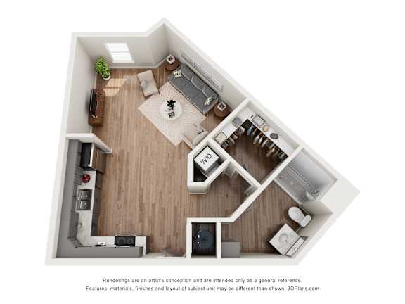 A 3D floor plan of a small apartment with a kitchen, living room, and bathroom.