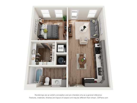 A 3D floor plan of a small apartment with a kitchen, living room, and bathroom.