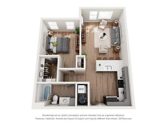 A 3D floor plan of a small apartment with a living room, kitchen, and bathroom.