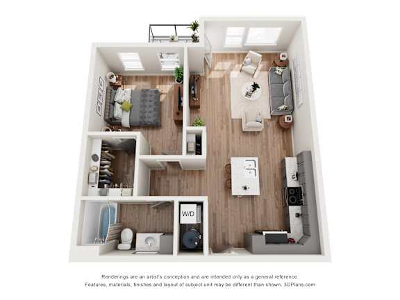 A 3D floor plan of a small apartment with a living room, kitchen, and bedroom.