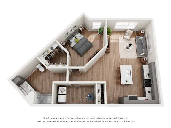 A 3D floor plan of a small apartment with a kitchen, living room, and bedroom.